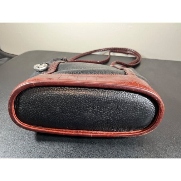 BRIGHTON Pebbled Black Leather Bucket Bag Purse Embossed Brown Croc Leather - Picture 6 of 16